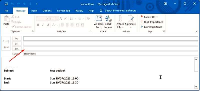Как добавить Bcc в приглашение на встречу в Outlook