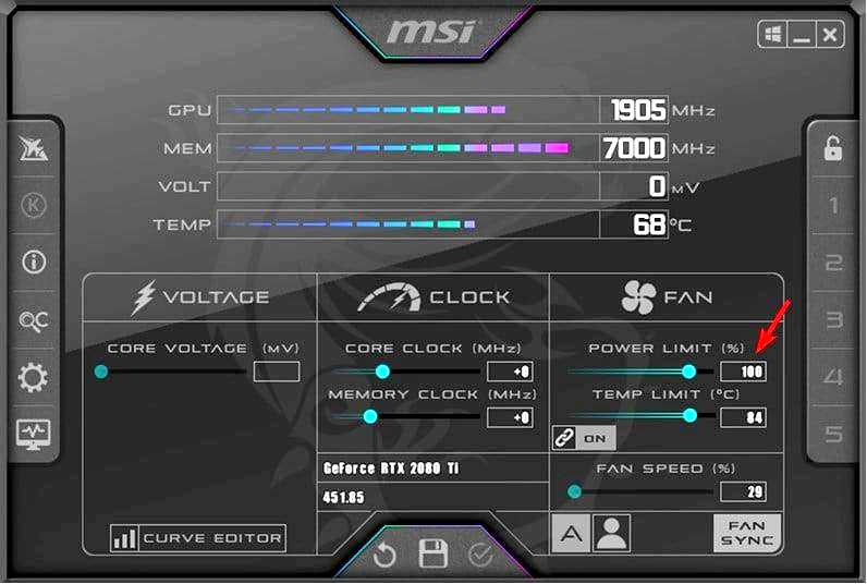 Как безопасно ограничить питание GPU в MSI Afterburner